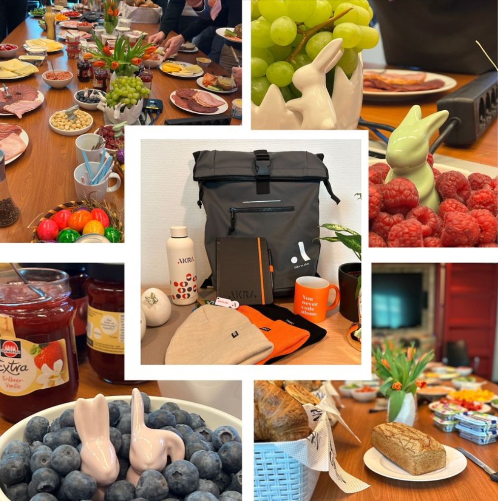 Es ist nie zu früh für ein Osterfrühstück mit den Kolleg:innen! 😃 Und der Osterhase brachte auch noch Geschenke für alle. 🐰🎁😃 
#ostern #osterhase #akra #frühstück