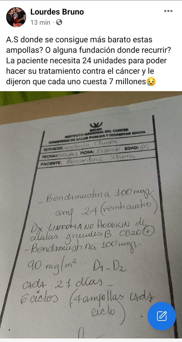 elnacionalpy's tweet photo. DOLOR PAÍS | 🇵🇾

🔹Piden ayuda desesperada para una paciente que necesita 24 ampollas para iniciar su tratamiento contra el cáncer. 

🔹Cada una de ellas cuesta G. 7 millones en promedio, en Paraguay.

🔹El sistema de salud del sálvese quien pueda.

Vía @jfergo86 

#ElNacional https://t.co/DSYMqnn4Bp