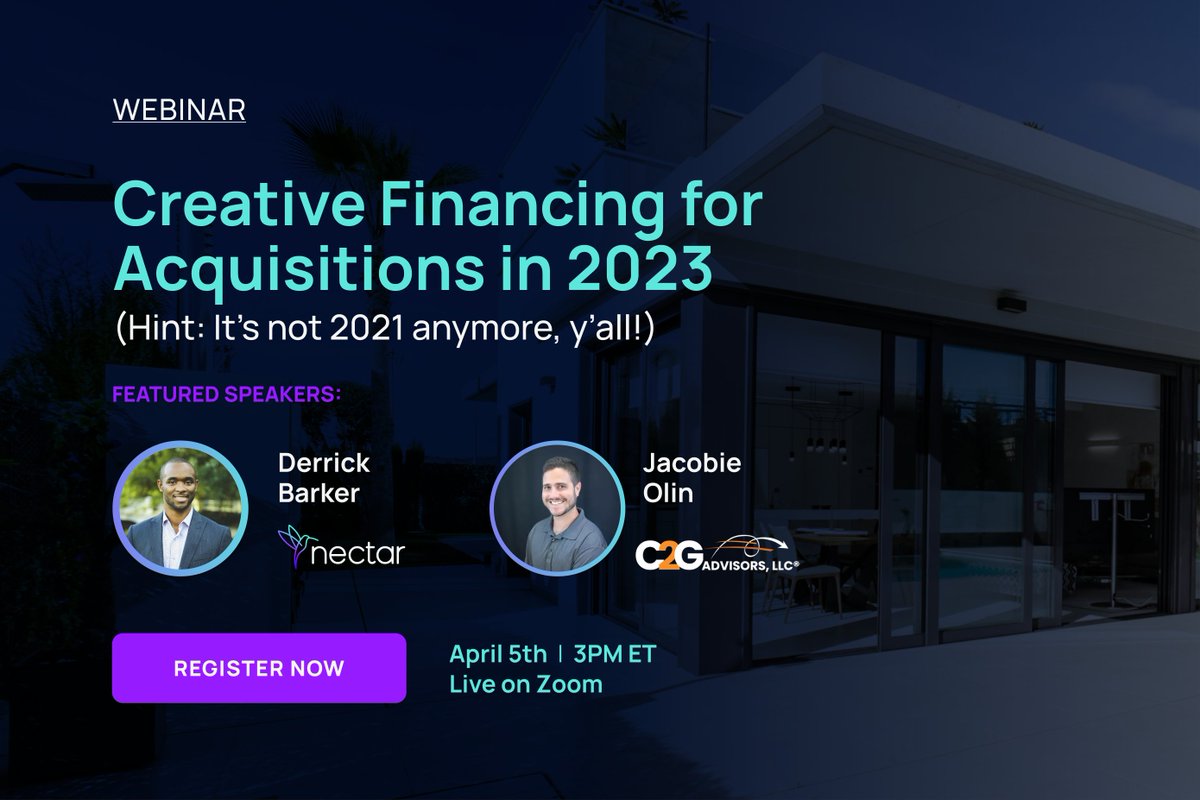 usenectar's tweet photo. Are you tired of watching your competition snag the best short-term rental acquisitions? Or are you looking to sell your own portfolio or finance a new acquisition? You won’t want to miss this webinar with C2G Advisors! https://t.co/UMFYrvOYDm https://t.co/Q5vjVnGG3x