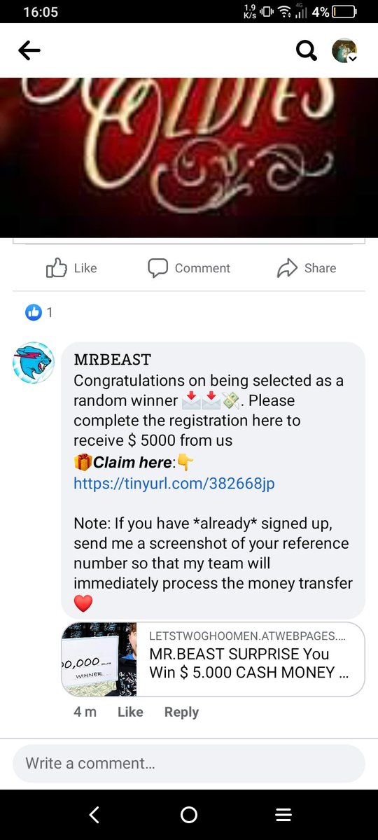 LonerganWarren's tweet photo. @MrBeast is this you or just someone trying to scam people on Facebook using your brand https://t.co/KyvaoxoG3T