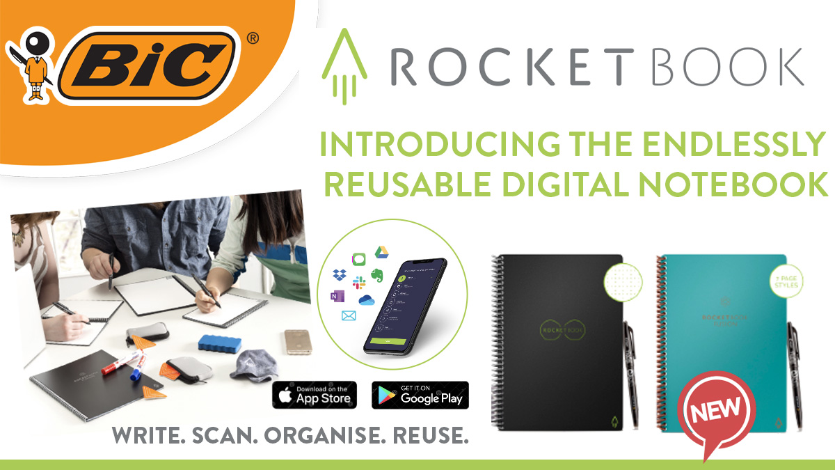 Introducing the endlessly reusable digital notebook, Rocketbook! 🚀📖
It feels like a traditional notebook but it connects your notes to your favourite Cloud services thanks to the Rocketbook app. Simply add a drop of water to a cloth and erase your notes