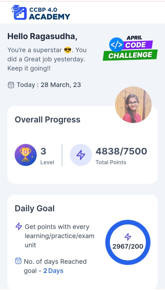 RagasudhaKastu1's tweet image. Progress going on🔥 
@nxtwave_tech 
#Aprilcodechallenge
#ccbpian 
#consistency