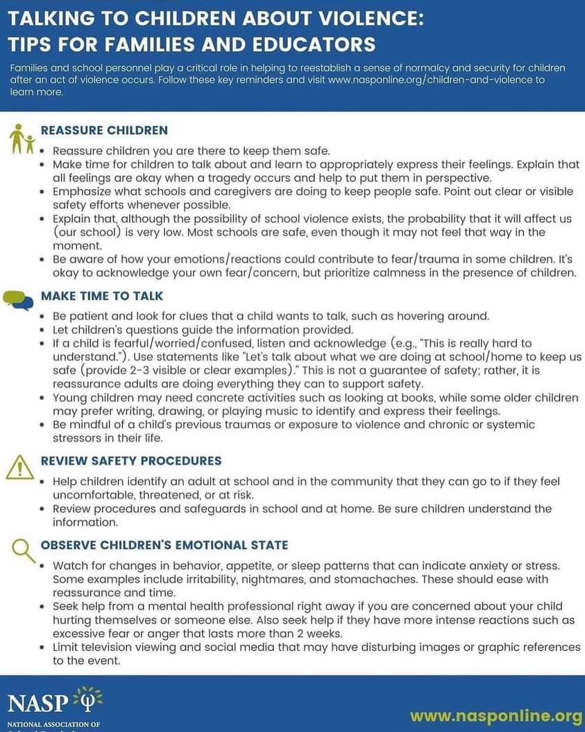 RCA_Counseling's tweet photo. @RossvilleAcad  Unfortunately we live in a time where these conversations must take please. Here are some tips to help when speaking to children about violence.
#prayingfornashville https://t.co/y4JqRCW2n9