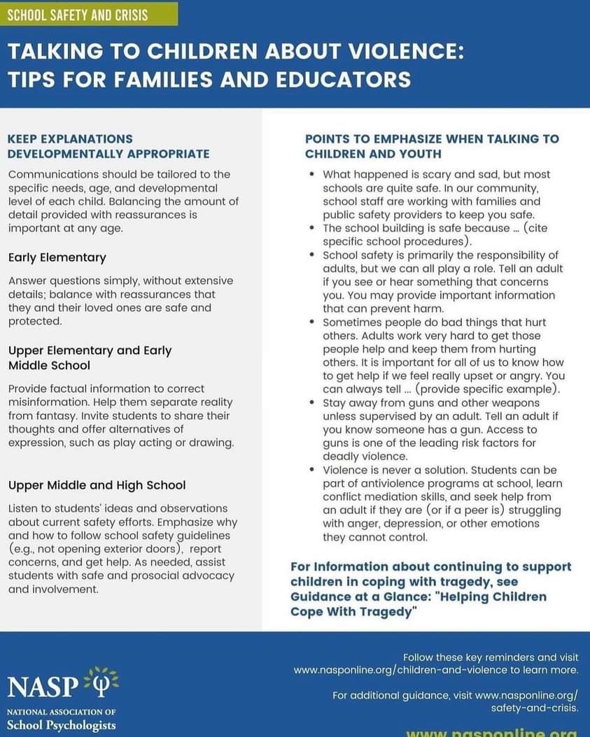 RCA_Counseling's tweet photo. @RossvilleAcad  Unfortunately we live in a time where these conversations must take please. Here are some tips to help when speaking to children about violence.
#prayingfornashville https://t.co/y4JqRCW2n9