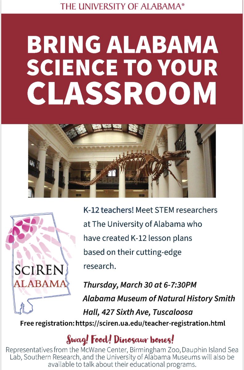 SciREN Alabama THIS THURSDAY!!! If you are an educator or researcher in Alabama, please join us Thursday, March 30th, from 6-7:30 PM <a href="/UAMNH/">Alabama Museum of Natural History</a>. Great food, lots of amazing door prizes, and, most importantly, awesome lesson plans from <a href="/UofAlabama/">The University of Alabama</a> &amp; <a href="/AlabamaWater/">Alabama Water Institute</a> Researchers!