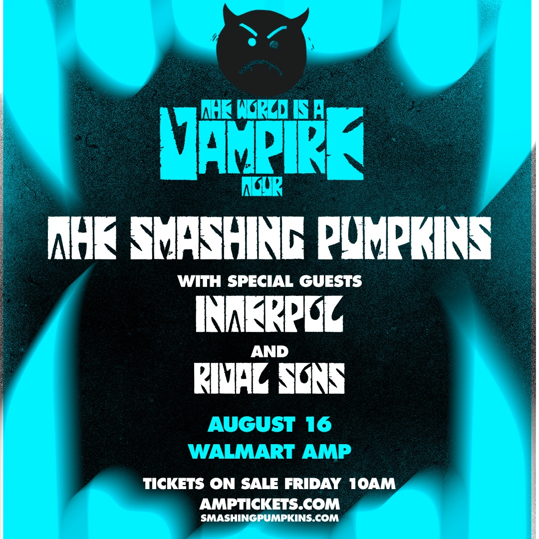 walmart_amp's tweet photo. Today is the greatest! The Smashing Pumpkins are heading out on The World is a Vampire Tour with Interpol and Rival Sons at the Walmart AMP on August 16! Tickets go on sale this Friday at 10am. https://t.co/yDddYnDKpk