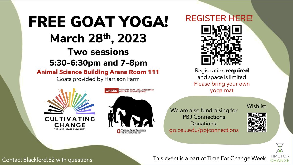OSUCHAIRE's tweet photo. Goat Yoga is happening today at 5:30pm &amp; 7:00pm!
Already registered? Bring a mat or towel &amp; we'll see you for your session!
Didn't get a chance to register? There will be a first-come, first-served waitlist at the door! https://t.co/VtHcYJzfEH