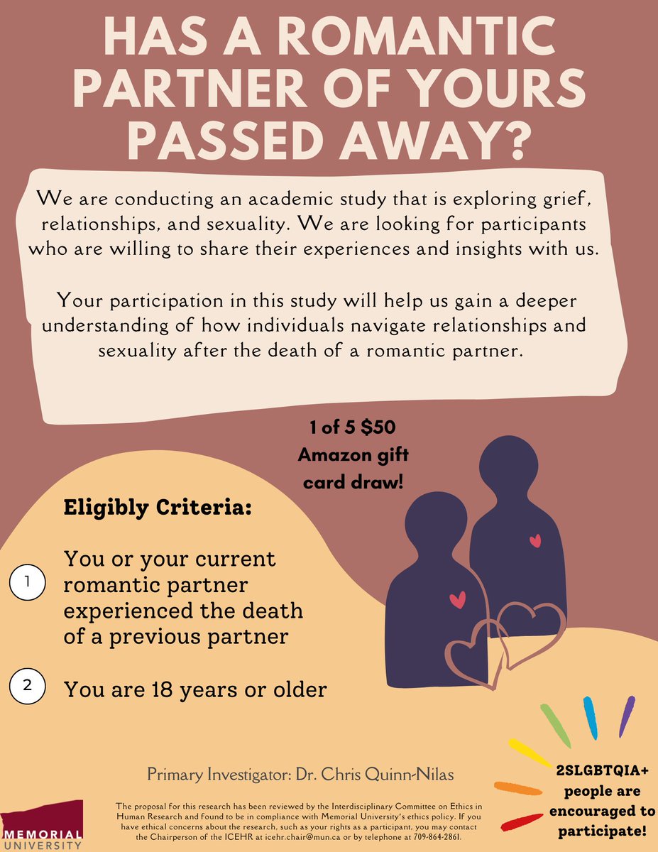 Experienced the death of a romantic partner? Join our study on grief, relationships, and sexuality. Share your experiences with us. Sign up at: tinyurl.com/relationshipgr… #Grief #Widowhood #WidowedYoung #relationships #sexuality