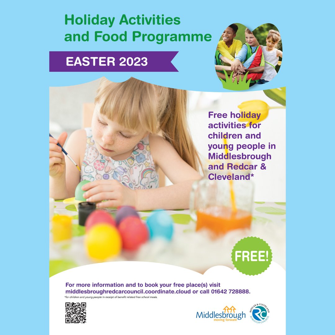 FREE Easter holiday activities for children & young people in Mbro & Redcar & Cleveland that are in receipt of benefit-related free school meals. Fun activities and nutritious meals are provided. For more info & to book, call 01642 728888 or visit: …sbroughredcarcouncil.coordinate.cloud