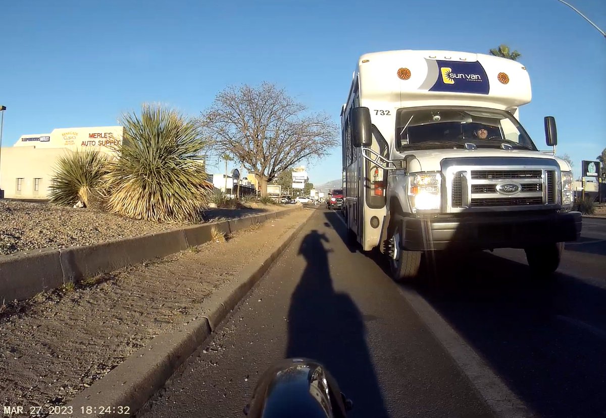 I get dangerously close passed by @SunTran_Tucson SunVan drivers frequently. They seem too be unaware that the rear end of the vehicle is much wider than the front, and they drive sweeping the bike lanes all over town. It's only a matter of time before they kill someone.