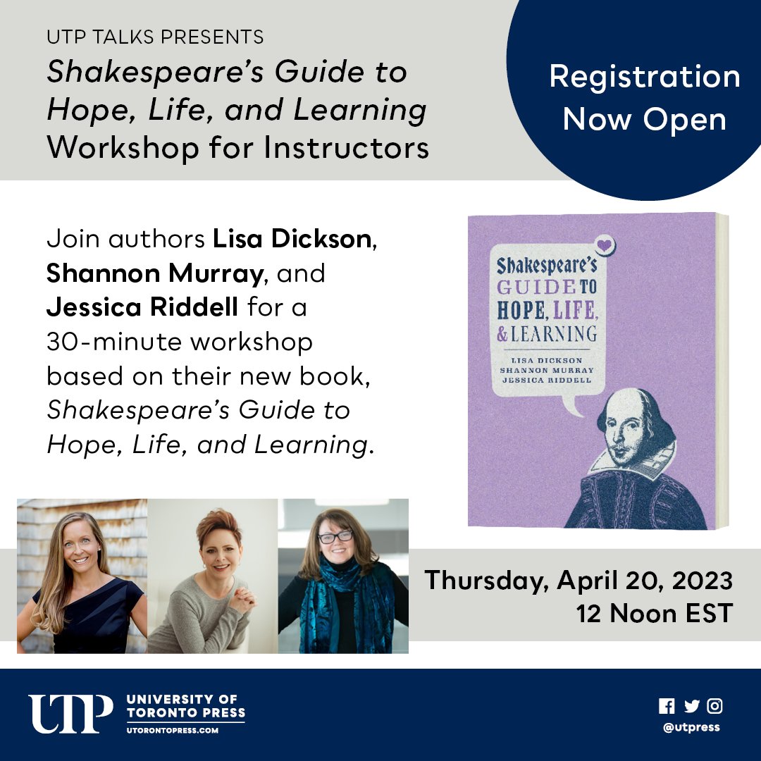 University of Toronto Press (@utpress) on Twitter photo Join authors <a href="/drlisad/">Lisa Dickson</a>, @shannonkmurray, & <a href="/drjriddell/">Dr. Jessica Riddell</a> for a 30-minute workshop based on their new book, Shakespeare's Guide to Hope, Life, and Learning.
🗓️ April 20th
⏲️ 12:00 PM EST
💻 Virtual
Register: tinyurl.com/ypp4cp3n Join authors <a href="/drlisad/">Lisa Dickson</a>, @shannonkmurray, & <a href="/drjriddell/">Dr. Jessica Riddell</a> for a 30-minute workshop based on their new book, Shakespeare's Guide to Hope, Life, and Learning.
🗓️ April 20th
⏲️ 12:00 PM EST
💻 Virtual
Register: tinyurl.com/ypp4cp3n
