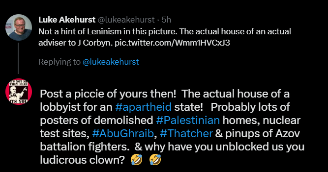 LivRivLeft's tweet photo. Looks like Luke Nukem briefly unblocked us for a nosey as one of his tweets popped up.  He'd blocked us by the time we replied, but managed a screenshot.  🤣🤣 https://t.co/C5jeQGXKZH