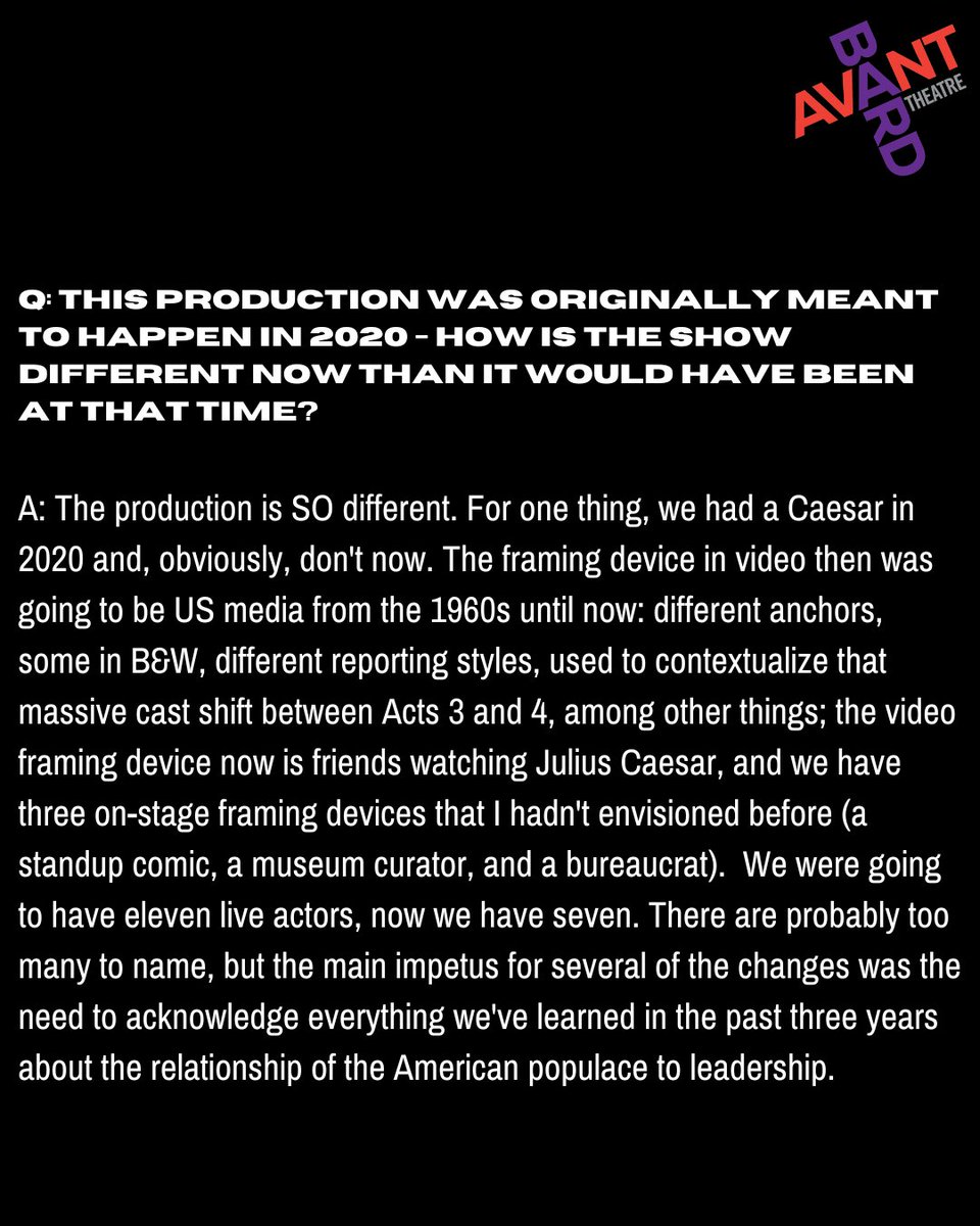AvantBard's tweet photo. Marketing Associate Natalie Valentine (@NAVplaywright) interviewed director Kathleen Akerley (@AkerleyKathleen) about Julius Caesar, originally slated to go up in 2020 - and the journey from then to now. https://t.co/ZjoAkSugfP