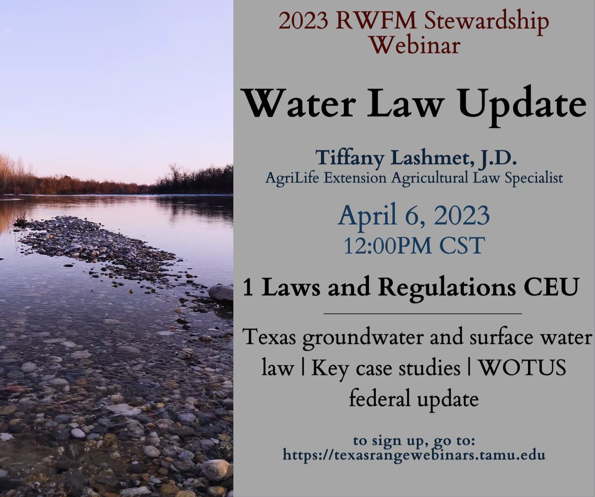 Our April 2023 RWFM Stewardship Webinar is coming up! Make sure you join us to hear Tiffany Lashmet discuss the Water Law Update!
This will be held virtually on April 6th!
Register now: texasrangewebinars.tamu.edu
