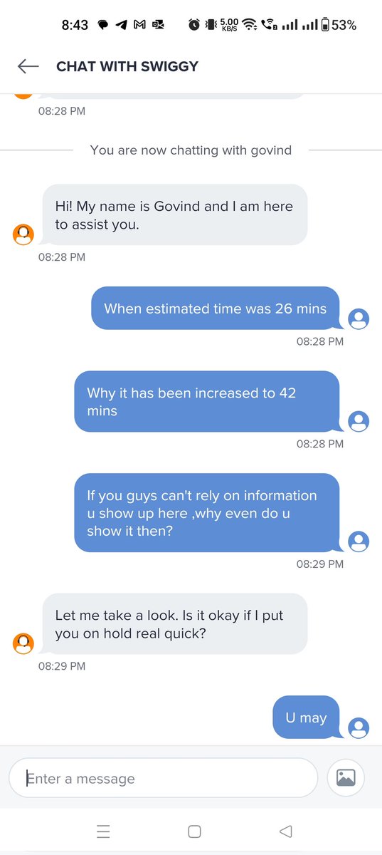 aint_your_kinda's tweet photo. @SwiggyCares
The issue has been happening with me frequently which has made me quite frustrated now. While ordering ETA was 26 mins ,order was placed on 08:03pm and still it shows 18 more mins ? Posting the chat and
 Expecting a quick response. https://t.co/F0RV06MzGW