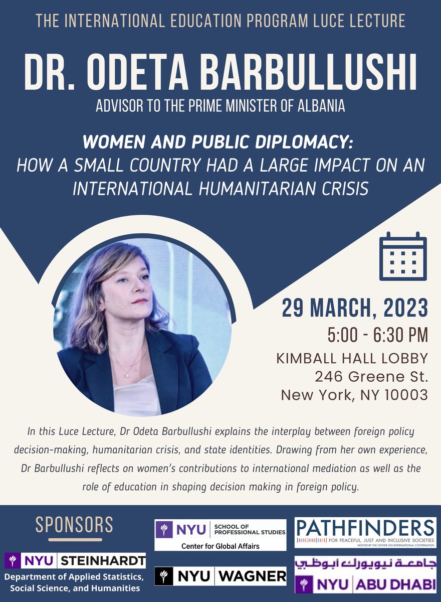 NYU Steinhardt ASH (@nyu_ash) on Twitter photo Happening tomorrow, 3/29! Women and Public Diplomacy with speaker <a href="/OdetBarbullushi/">Odeta Barbullushi</a>. 5-6:30pm - zoom and in-person attendance options. RSVP here: tinyurl.com/2w6u5abj Happening tomorrow, 3/29! Women and Public Diplomacy with speaker <a href="/OdetBarbullushi/">Odeta Barbullushi</a>. 5-6:30pm - zoom and in-person attendance options. RSVP here: tinyurl.com/2w6u5abj