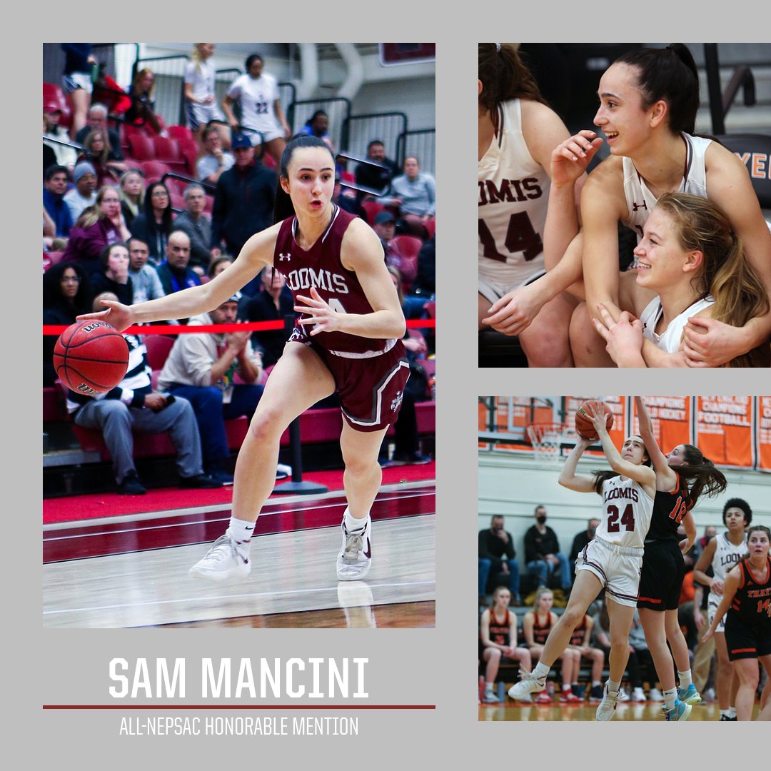 Today we're celebrating Sam Mancini '24 who was named All-NEPSAC Honorable Mention. Sam is our ATH and will out-hustle anyone on the court; we are incredibly lucky to have our 6th man be the fastest girl in NE. #superhero @loomisathletics <a href="/NEPSGBCA/">NEPSGBCA</a>