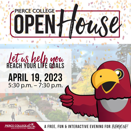 We are pleased to invite the community to Pierce College Puyallup's Open House! Join us Wednesday, April 19 from 5:30 p.m. - 7:30 p.m. on the Puyallup Campus. FREE FOOD, GAMES and a chance to meet faculty, staff and current students. #piercecollege