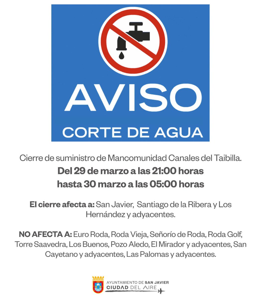 Ayto_SanJavier's tweet photo. Atención: corte de agua esta noche https://t.co/8mUDQ4XtYU