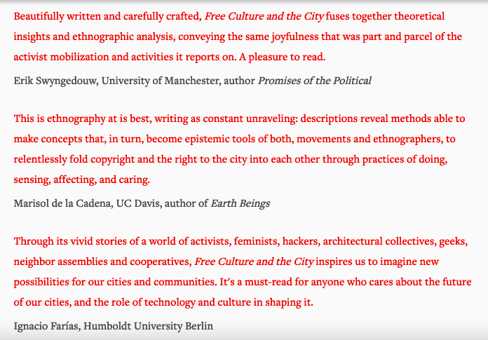 acorsin's tweet photo. Endorsements for Free Culture and the City are now all in and we couldn't be happier and more grateful to @marisoldelacad1 @IgnFarias &amp; Erik Swyngedouw for their always-inspiring scholarship https://t.co/1uibWqqFAA