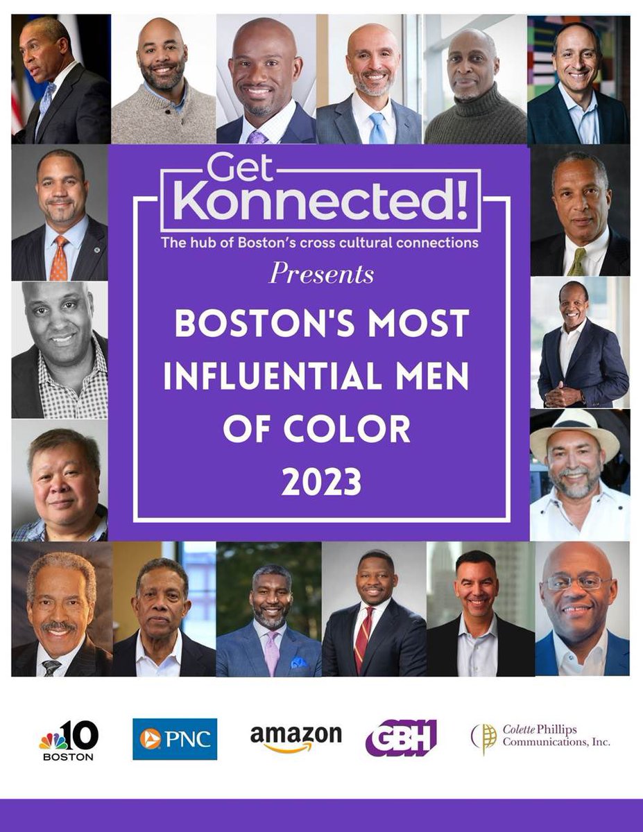 ColettePhillips's tweet photo. Excited to unveil @_GetKonnected historic list of Boston’s Most Influential Men of Color at 2night’s celebration. Here’s a sneak preview of some of the men @phillipWGBH @Juan_F_Lopera @DevalPatrick @mocowan @GlennNBCBoston @PFrancisco88 @LeePelton @IvanEspinozaESQ 
#GKMOC #GK15 https://t.co/tN1Lff1mMm