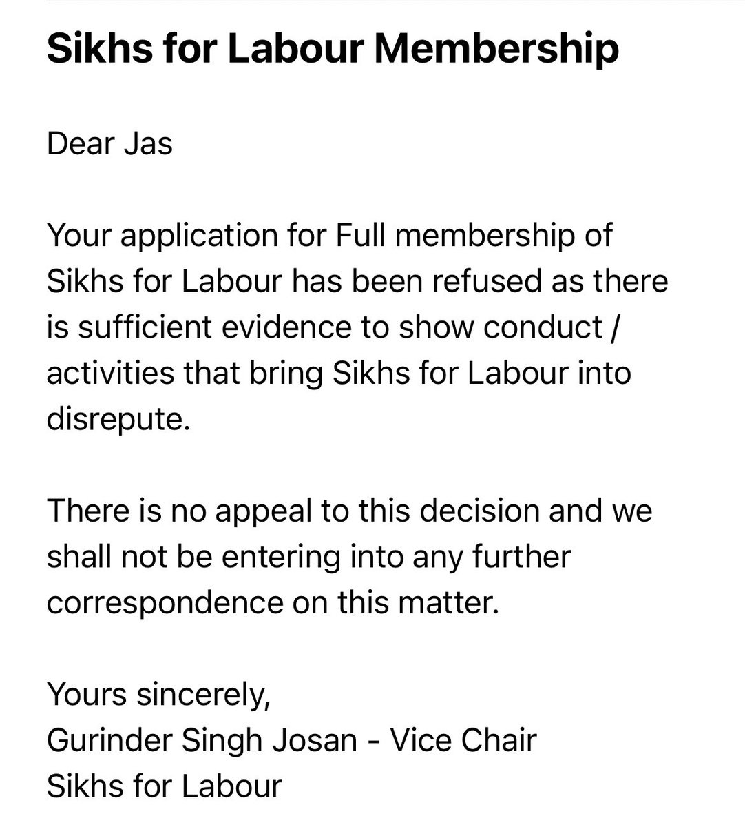 UK51NGH's tweet photo. Shameful reply from @gsjosan
@sikhs4labour Sikhs denying Sikhs!  Waiting to hear what evidence he claims of my conduct to bring @uklabour into disrepute, despite my 25yr membership? What have they got to hide? Such baseless accusations are highly inappropriate from a NEC member https://t.co/ryPNradHKU