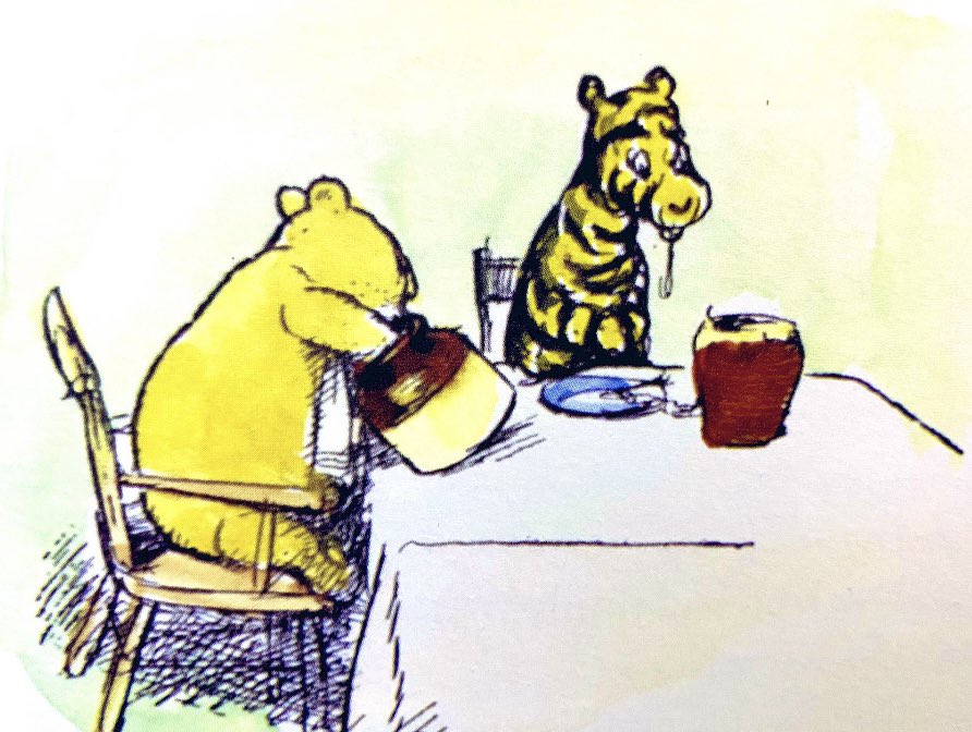 “I’m sorry,” said Pooh as Tigger scowled and laid down his spoon. “I’m all out of antelope and buffaloes.”
.