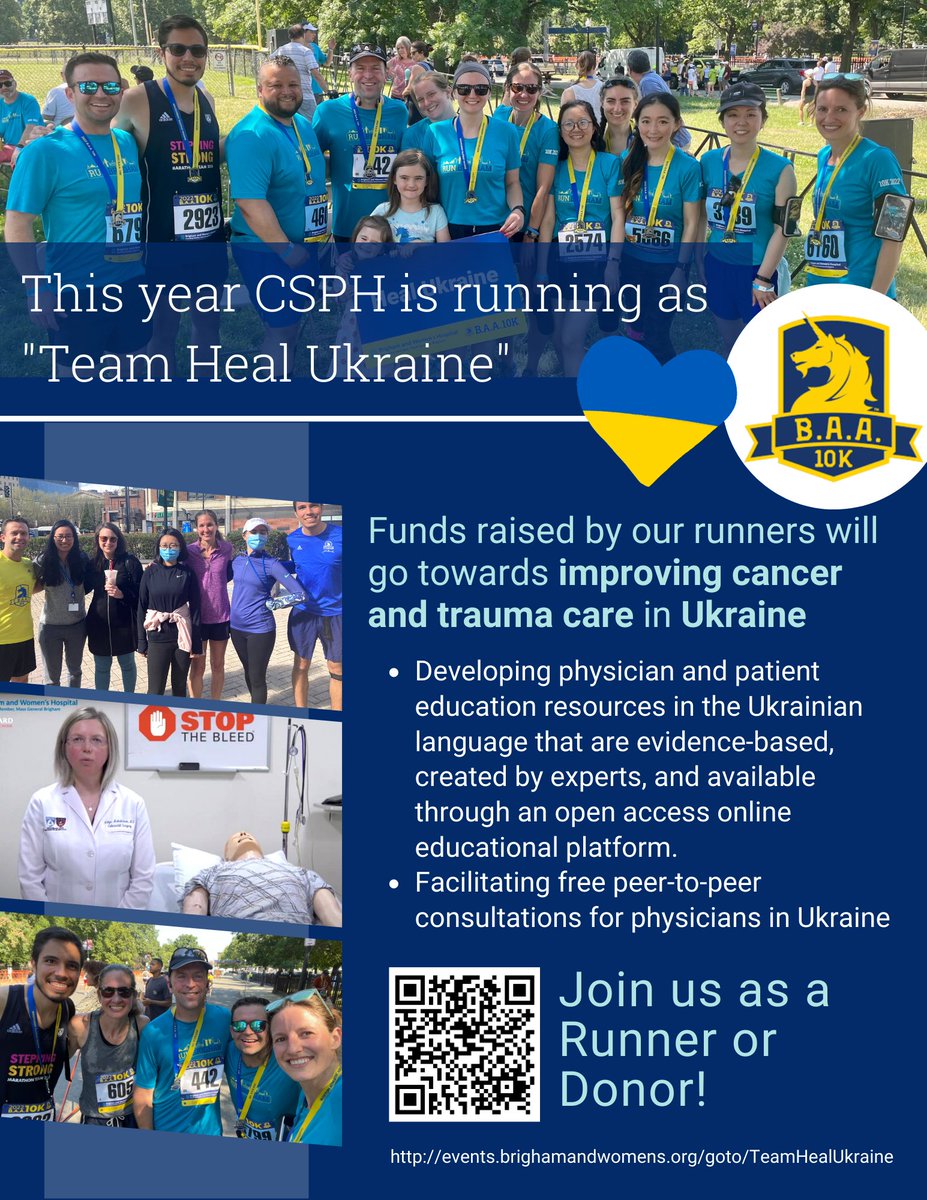 Join us for this summer's BAA 10K, CSPH's 2nd year supporting trauma and cancer care in Ukraine! Visit the link below to sign up as a runner or to support one: events.brighamandwomens.org/goto/TeamHealU…