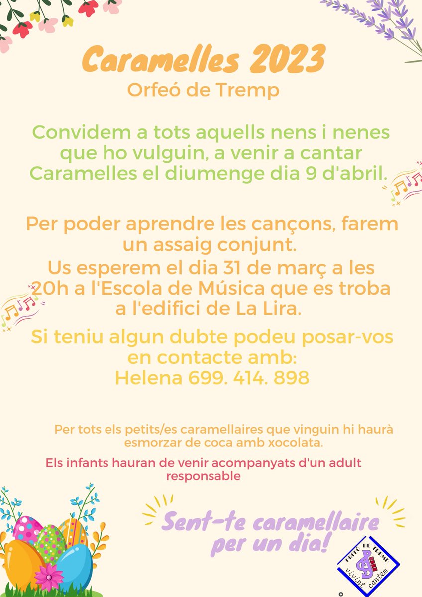 Convidem a tots aquells nens i nenes que ho vulguin, a venir a cantar Caramelles el diumenge dia 9 d'abril.
Primer assaig per preparar les, divendres 31 de març a les 20:00h, lloc l'Escola de Música. <a href="/AjTremp/">Ajuntament de Tremp</a> #escolademusicatremp #orfeodetremp #caramellestremp #caramelles2023