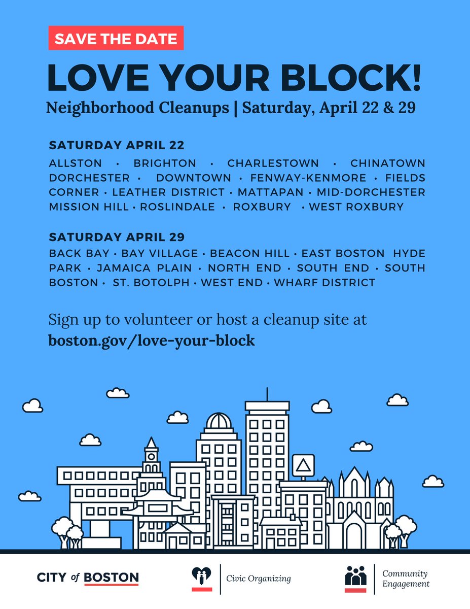 Save the date 🗓

@BostonCivicOrg Love Your Block cleanups on April 22nd and 29th, 2023🌷

Share with your friends and family!
#bospoli #mapoli