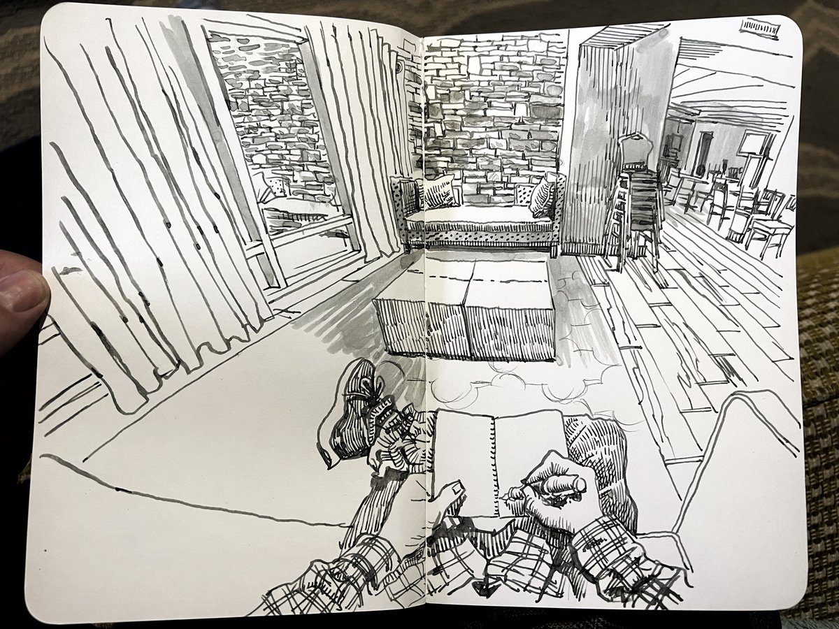 Quick pov sketch in a hotel lobby. Grey ink in Stillman & Birn Epsilon sketchbook. 