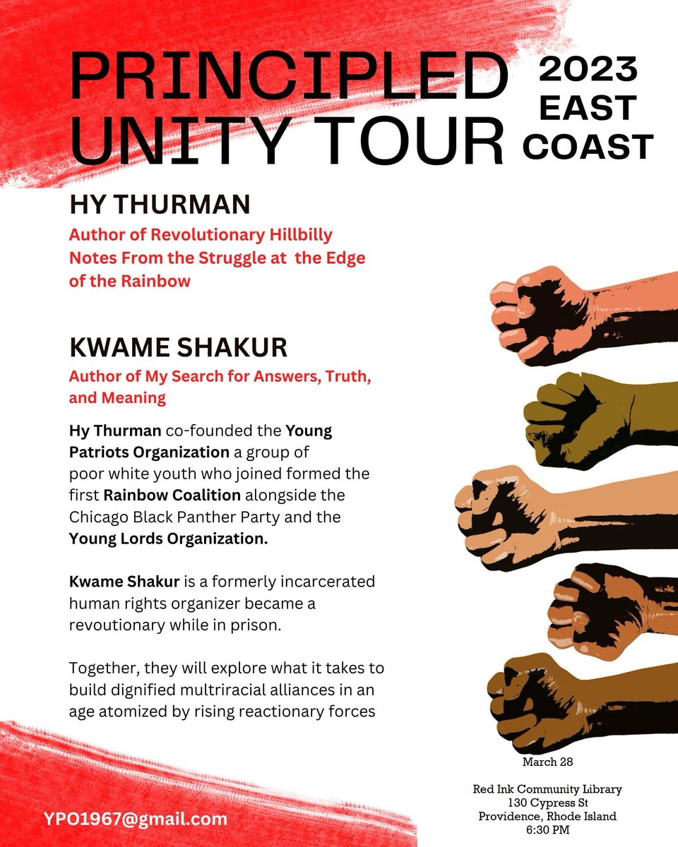 Tonight! Hy Thurman and Kwame Shakur bring the Principled Unity Tour to Providence. They will be talking about their recent books and what it takes to build multiracial coalitions for justice and change (6:30, free)