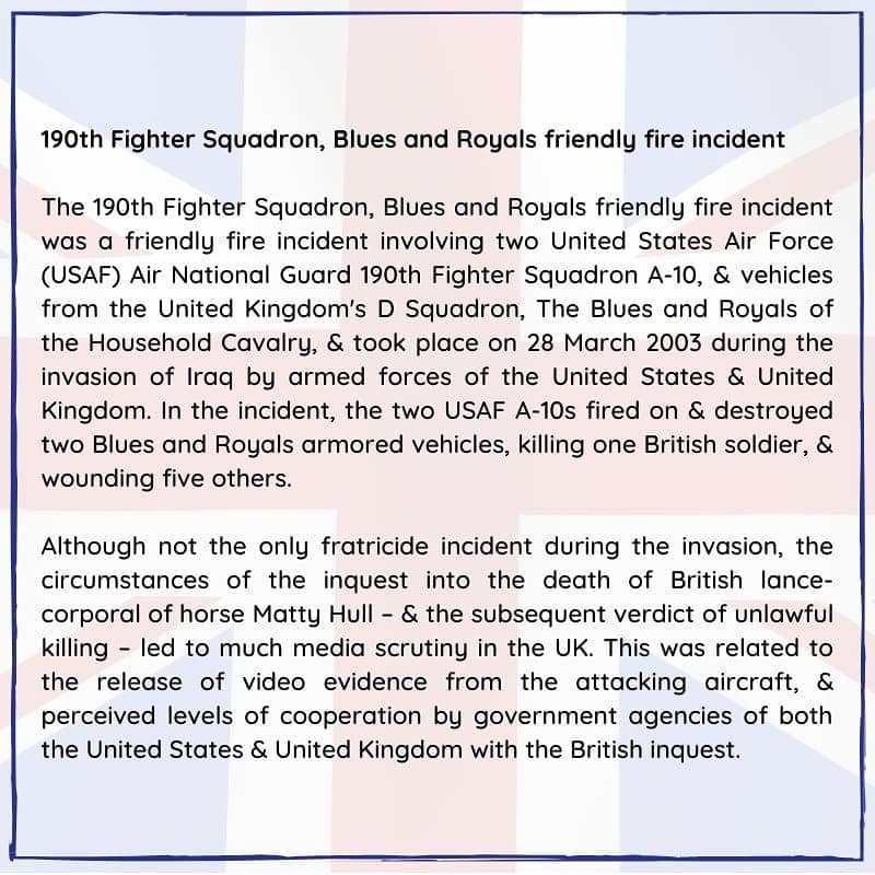BritishHistorym's tweet photo. #otd 28 March 2003 – In a friendly fire incident, two American A-10 Thunderbolt II aircraft attack British tanks participating in the 2003 invasion of Iraq, killing one soldier.

#Britishhistory #BluesandRoyals #Britisharmy #InvasionofIraq https://t.co/5Li3YStHaz