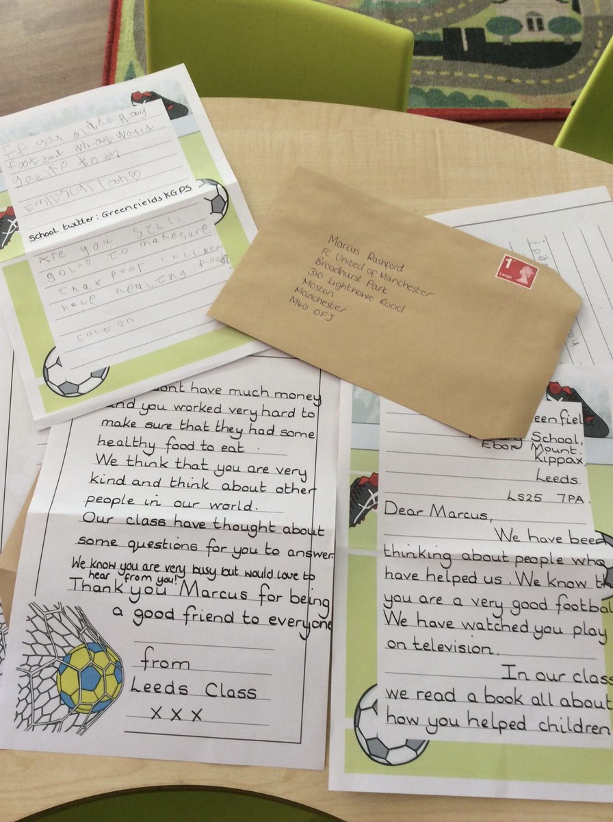 GreenfieldsKGPS's tweet photo. Leeds class have been reading the @MarcusRashford   #Littlepeoplebigdreams book over the past couple of weeks. They wanted to write him a letter to say thank you for everything he has done for children and were super proud posting it today! #aspiration #rolemodels https://t.co/EhBu9gzJ7B