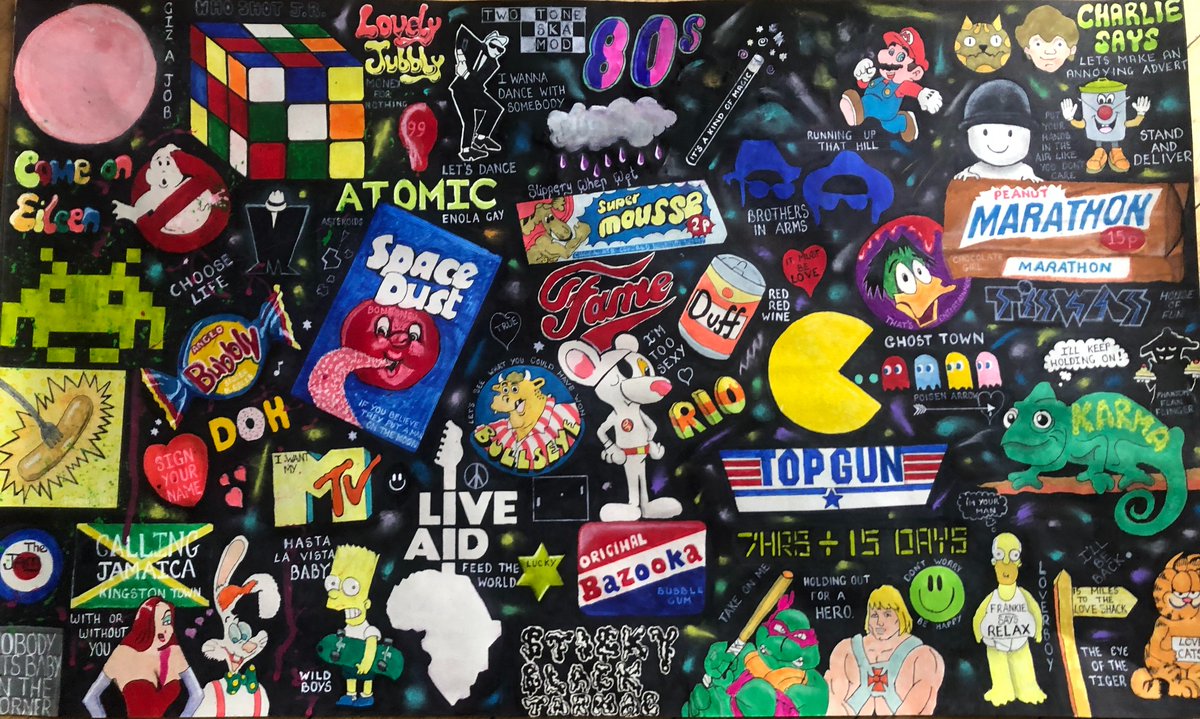 JanetHalmshaw's tweet photo. 1980s retro painting by Paul Halmshaw. #cartoon #dccomics #marvel #popart #painting #80s #1980s #retro #memories #childood #nft #comicart #nft #anime #musicart #popculture #andywarhol #cinema #80scinema #80smusic #rockmusic #memorabilia https://t.co/hUlSBx1jfk