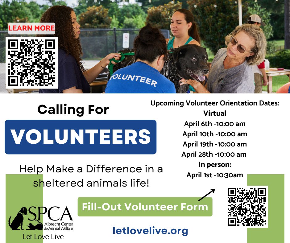 SPCAAlbrecht's tweet photo. Want to become a volunteer here? We have virtual &amp; in-person orientation dates coming up! Please fill out our volunteer form &amp; visit our website at https://t.co/XulSN014sp for more info! If you have questions, contact Kami at volunteer@http://ow.ly/1nqh50MBmuG. Thank you! https://t.co/WTkx9xtxaP