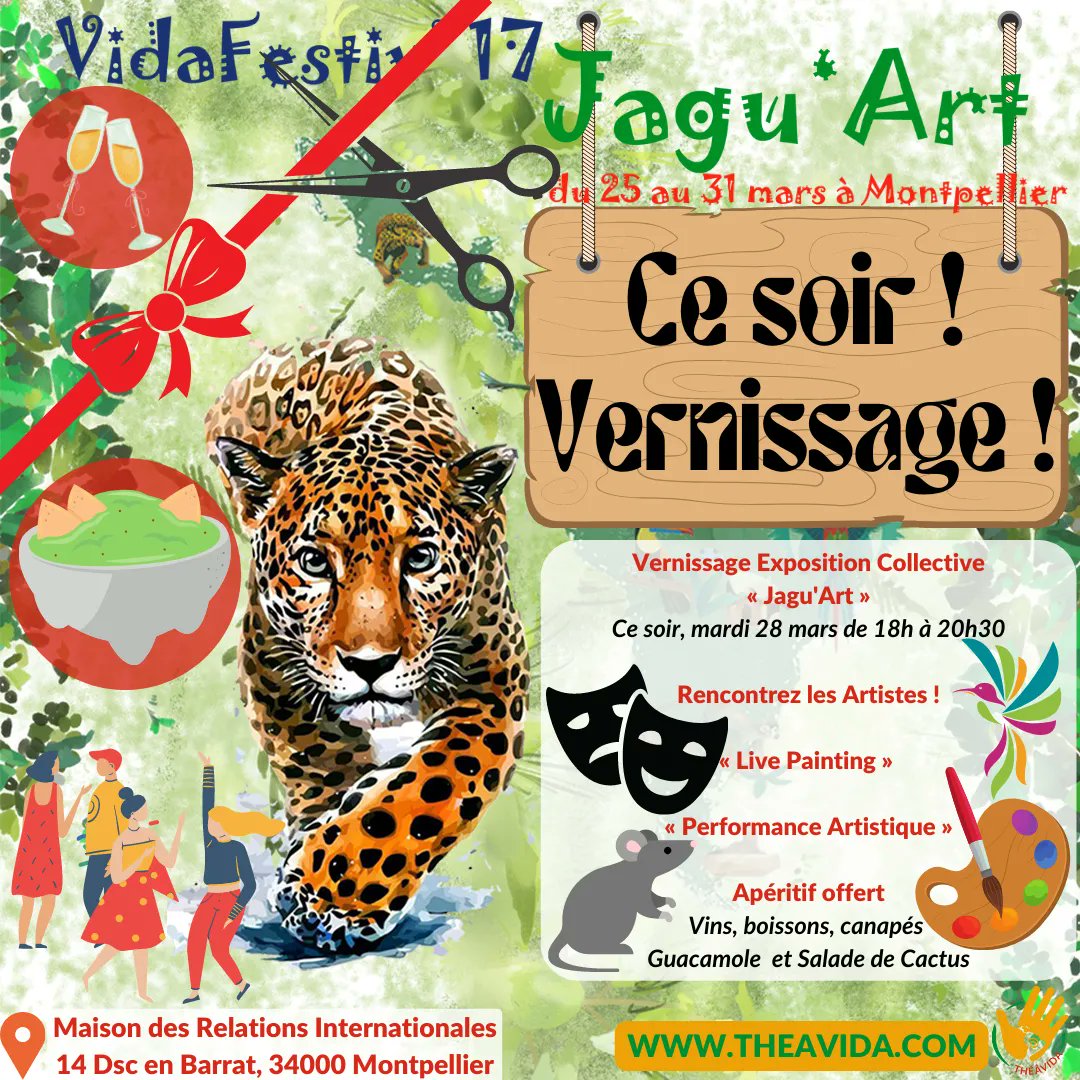Theavida's tweet photo. Hola amigos 🤠

RENDEZ-VOUS CE SOIR ! Mardi 28 mars de 18h à 20h30 pour le Vernissage de l'Exposition Collective « Jagu'Art » 🐅

#TheaViDa #VidaFestiv17 #VidaFestiv #VDF17 #VDF #JaguART #latinos #latinosenmontpellier #Montpellier #montpelliernow #holamontpellier #olamontpellier https://t.co/n2i4SIXLYK