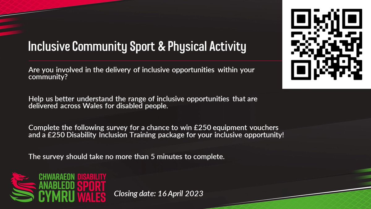 🤔 Are you involved in the delivery of inclusive opportunities within your community? 

Complete the following survey for a chance to win £250 equipment vouchers and a £250 Disability Inclusion Training package for your inclusive opportunity! 💷

🔗 dsw-surveys.onlinesurveys.ac.uk/dsw-community-…