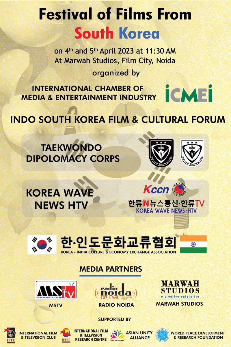 AmanMak55073921's tweet photo. Festival of Films from South Korea on April 4-5, 2023 at Marwah Studios, Film City, Noida @sandeepmarwah
#films #filmfestival #culture #Indokorean #culturalrelation #southkorea https://t.co/OCAm8sGb20
