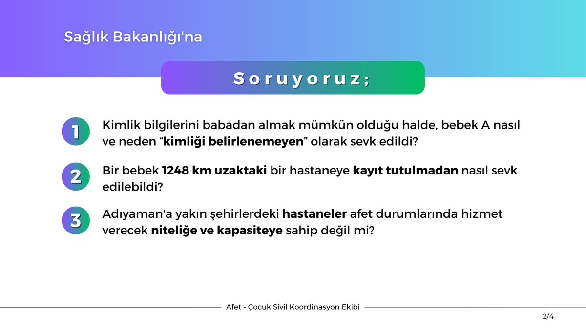 Depremin ilk gününden bu yana yapılan izleme ve takip çalışmaları ile görseldeki olgu gösteriyor ki; çocukların “kayıp” haline gelmelerinde <a href="/tcailesosyal/">T.C. Aile ve Sosyal Hizmetler Bakanlığı</a> kadar <a href="/saglikbakanligi/">T.C. Sağlık Bakanlığı</a>  'nın da sorumluluğu büyük. #çocuklarıntakipçisiyiz