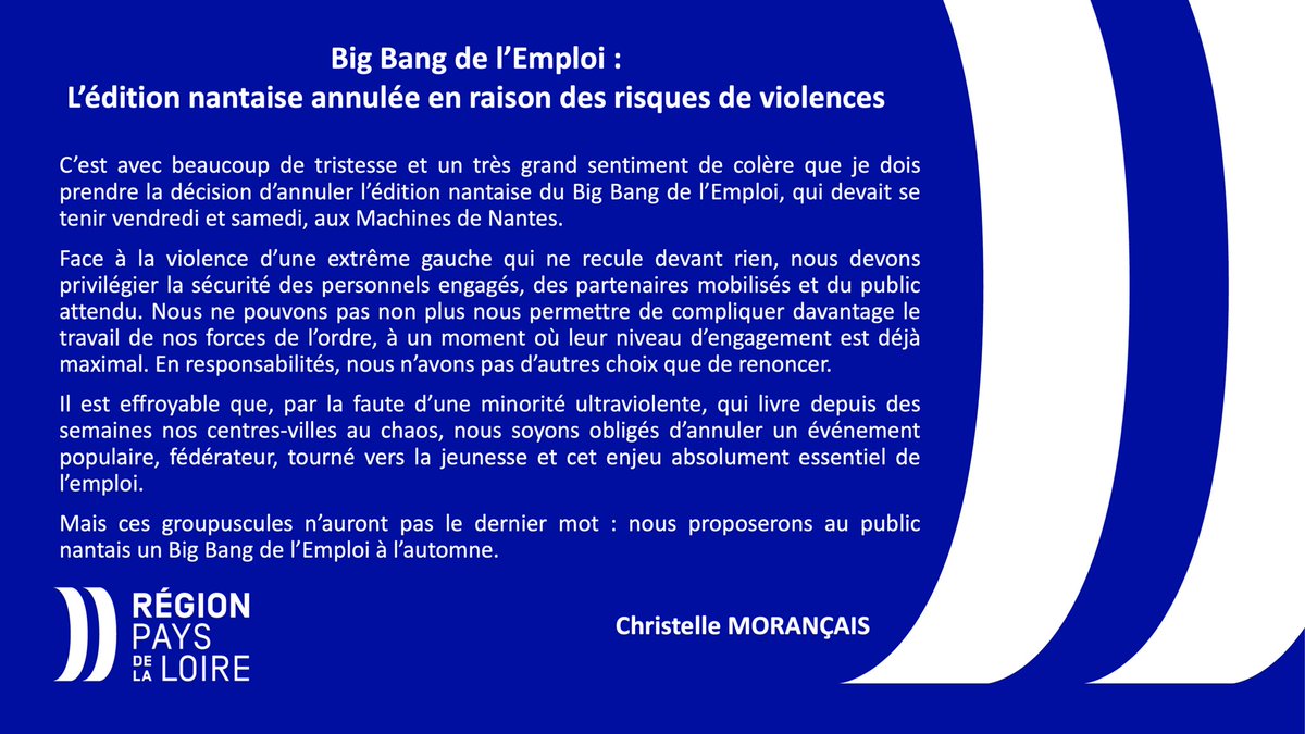 C_MORANCAIS's tweet photo. 🔴Il est effroyable que, par la faute d’une minorité ultraviolente, qui livre depuis des semaines nos centres-villes au chaos, nous soyons obligés d’annuler un événement populaire, fédérateur, tourné vers la #jeunesse et cet enjeu absolument essentiel de l’#emploi. https://t.co/2zWMptRGaV