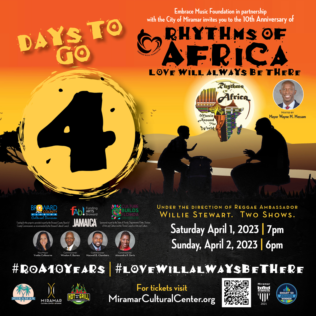 drumatix's tweet photo. 4 Days to go to Rhythms of Africa! Come celebrate 10 years of music and culture! Our hosts @waynemessam and the @cityofmiramar invite you to join us for 2 SHOWS on April 1 &amp; 2. Get tickets at https://t.co/tveHiP6ZYl, only $30 or $35. See special Guest @JulianMarley perform live! https://t.co/BCk39iob5z