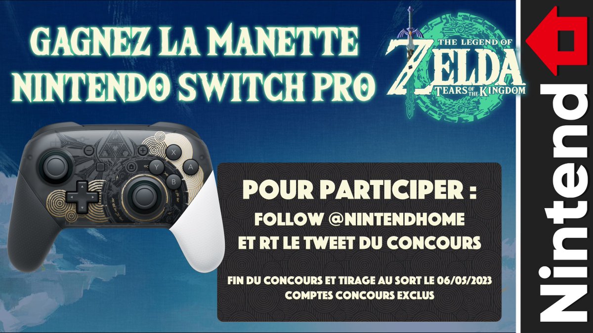 NintendHOME – News & Opinions Nintendo (@nintendhome) on Twitter photo 🎁 Concours – Envie d’une manette aux couleurs du sceau royal d’Hyrule ? On vous fait gagner la manette Nintendo Switch Pro – Édition Zelda: Tears of the Kingdom ! Follow <a href="/NintendHOME/">NintendHOME – News & Opinions Nintendo</a> et RT ce tweet pour participer. 🎁 Concours – Envie d’une manette aux couleurs du sceau royal d’Hyrule ? On vous fait gagner la manette Nintendo Switch Pro – Édition Zelda: Tears of the Kingdom ! Follow <a href="/NintendHOME/">NintendHOME – News & Opinions Nintendo</a> et RT ce tweet pour participer.