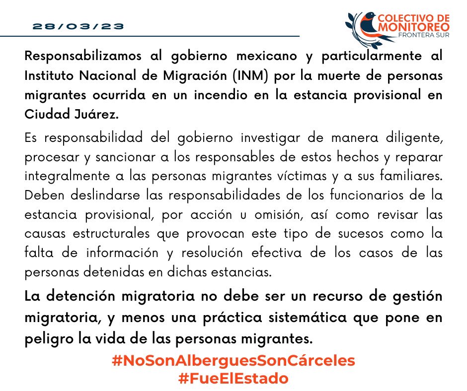 prami_iberocdmx's tweet photo. 🚨🚨🚨
Ante los hechos ocurridos en la estación migratoria de Ciudad Juárez, en el que han muerto hasta ahora 39 personas migrantes, nos pronunciamos desde el Colectivo de Monitoreo Frontera Sur #COMDHSEM

#NoSonAlberguesSonCarceles
#FueElEstado https://t.co/ivKvA8OPfL