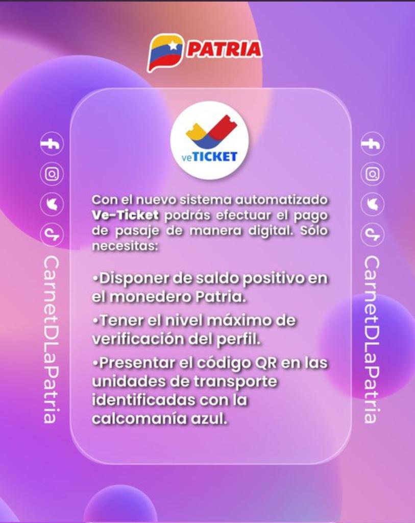 El #SistemaPatria, te muestra como cancelar tu pasaje de manera digital. 
•Saldo positivo en el Monedero Patria.
•Verificación del perfil al máximo.
•Presentar código QR en las unidades de transporte identificadas con la calcomanía azul.

#JuntosContraLasMafias #28Mar