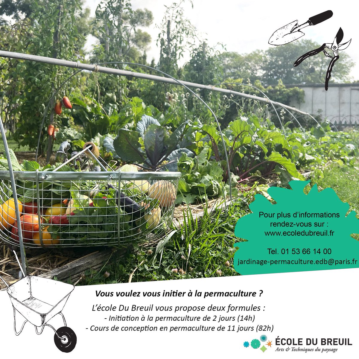 Vous voulez vous initier à la #permaculture ?  👩🏼‍🌾
L’école Du Breuil vous propose deux formules : 
- Initiation à la permaculture de 2 jours (14h)
- Cours de conception en permaculture de 11 jours (82h)

Il reste des places pour le cours d’initiation du 19 et 20 avril 2023 🌱