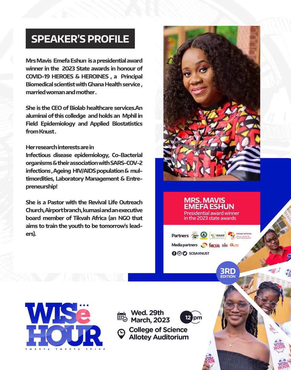 thescisaknust's tweet photo. Meet Mrs. Mavis Emefa Eshun, a Biomedical scientist, CEO of Biolab Healthcare and a Presidential award winner in the 2023 State awards.

#WISeHour | #WISeInMarch https://t.co/vS366WzuDz