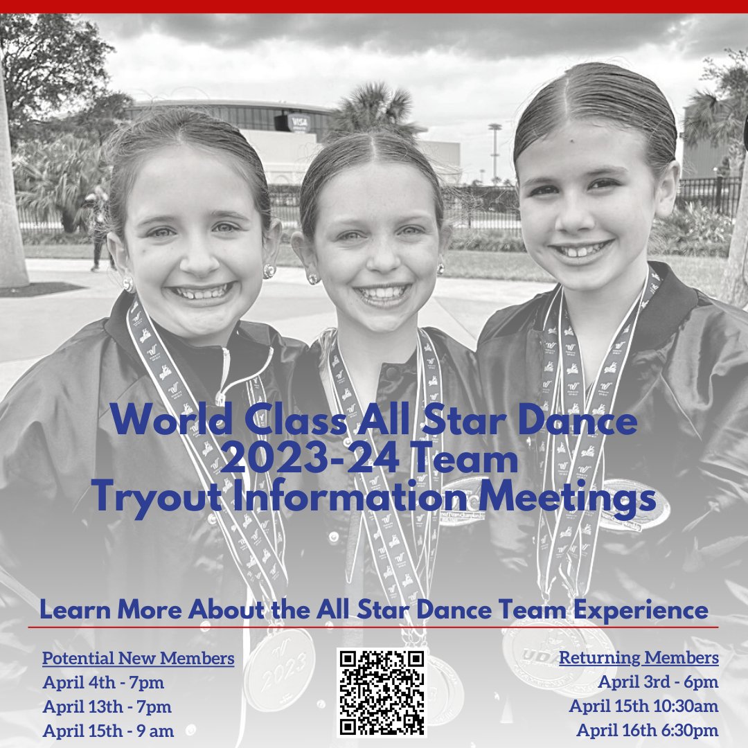wcallstardance's tweet photo. 2023-24 WCAS team tryout info meetings start next week! Both half-year Prep teams &amp; full-year Elite teams for ages 5+ - attend one of our upcoming meetings for detailed information. Ready to register for tryouts? Scan QR code to get Early Bird rate! #danceteam #allstardance https://t.co/AFZ1rCijpH
