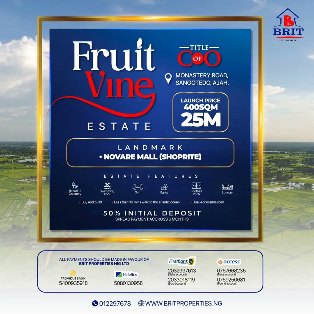 sisteryinka's tweet photo. @aproko_doctor @ourpaydayHQ The newly launched FRUIT VINE ESTATE is now selling! 🥳🥳🥳
Fruit Vine Estate is a beautiful estate located in a secure, easily accessible and very well developed area close to Novare Mall (Shoprite), Sangotedo.
Location: Monastery Road, Sangotedo

Title: C of O
Price: 25m https://t.co/LwH1vIgeQ9