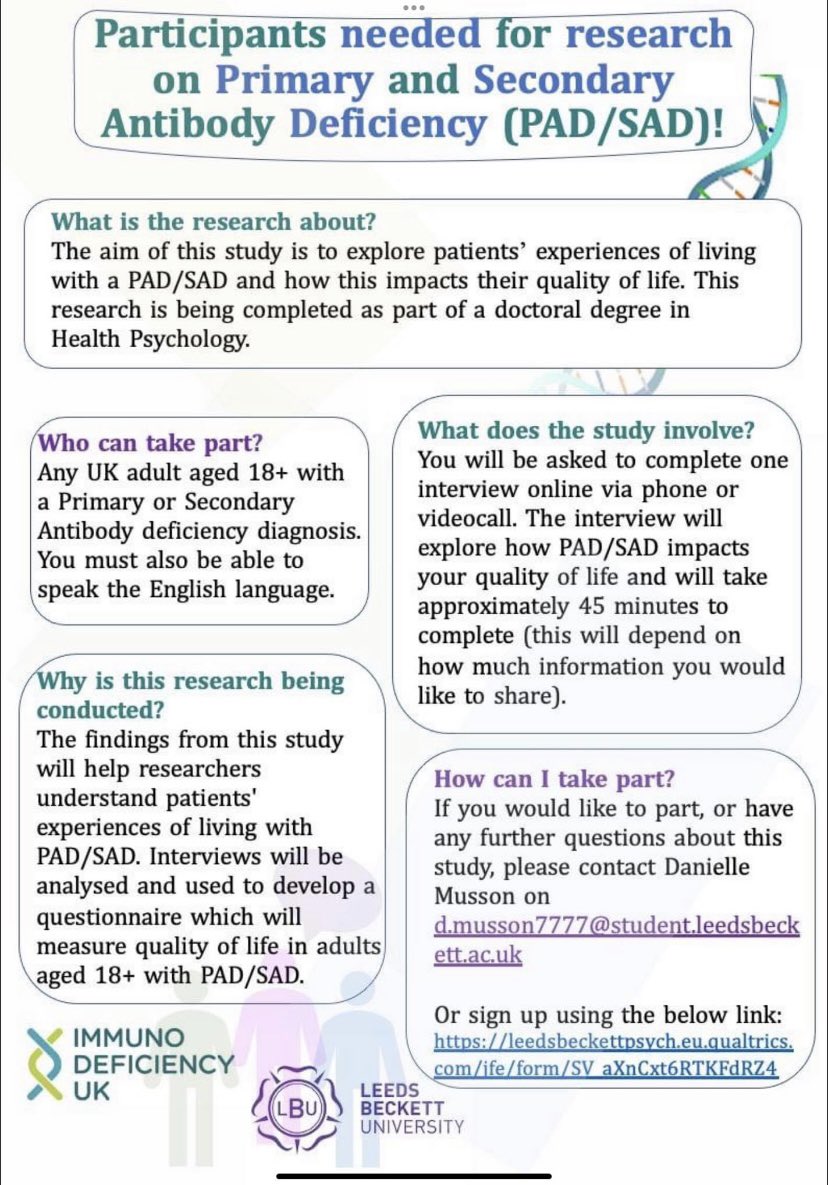 Danielle Musson (@daniellemusson4) on Twitter photo Do you have a primary or secondary Antibody Deficiency? Are you a UK adult aged 18+? Will you participate in an interview exploring your experience of living with PAD/SAD? Please see the attached poster for further information. <a href="/ImmunoUK/">Immunodeficiency UK</a> Please retweet😊 Do you have a primary or secondary Antibody Deficiency? Are you a UK adult aged 18+? Will you participate in an interview exploring your experience of living with PAD/SAD? Please see the attached poster for further information. <a href="/ImmunoUK/">Immunodeficiency UK</a> Please retweet😊